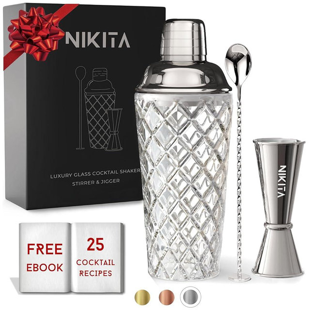 Silver Cocktail Shaker Glass Set - Glass Cocktail Shaker Set with Strainer - Martini Shaker Set - 5 Pieces - 450ml - Matching Measuring Jigger and Bar Spoon with Muddler - Luxury Gift Box