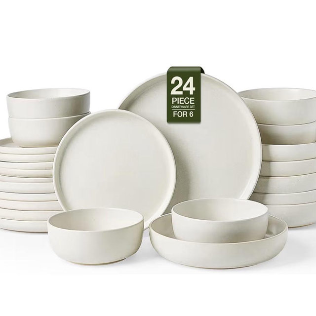 Famiware Milkyway Stoneware Dinnerware... Size: 6 Sets (24 pcs with Pasta Bowls) Color: Matte Beige White
