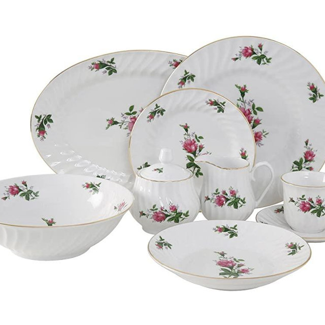 Ciera 45-Piece Vintage Rose Dinner Set with Gold Trim; Vintage Floral