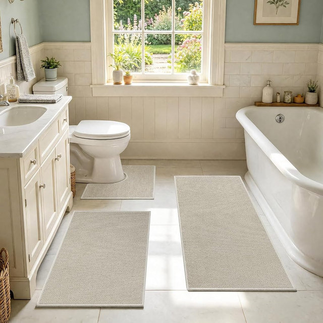 Homcomoda Bathroom Rugs Sets 3 Piece Non-Slip Woven Bath Mat, Gray&Beige | U-Shaped Contour Toilet Rug, Low Pile Quick Dry Absorbent Bath Rug, Machine Washable Rubber Shower Rug for Sink Tub Doorway