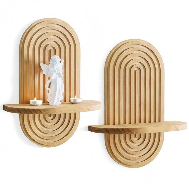 Heiple Set of 2 Boho Arched Floating Shelves 15.7”x 7.8”3D Wooden Hanging Shelf for Living Room Bedroom Nursery Mid Century Modern Wall Decor(Brown, 11.7 * 15.7)