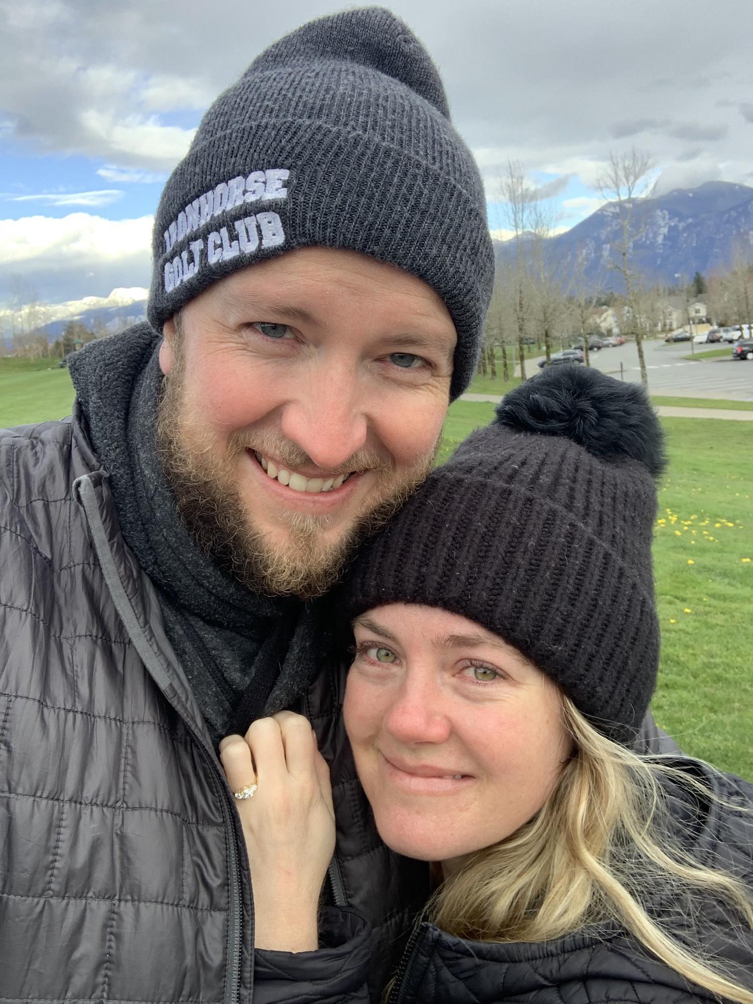 Rich surprised Katie with a proposal on a walk through their neighborhood in Snoqualmie, WA. "Will you hold my drink, while I fix my shoe?" - Rich on 4/10/21