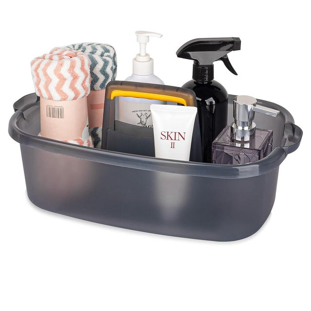 Large Cleaning Supplies Caddy Portable Shower Basket Supply Organizer with Handle Plastic Bucket Tool Storage for Bathroom, Bedroom, Kitchen, College Dorm, Garden, Clear Grey