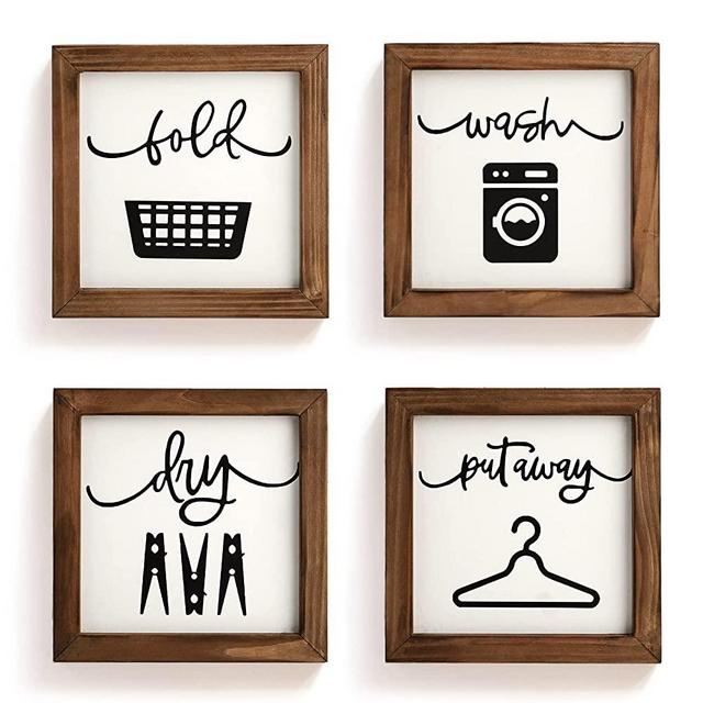 Laundry Room Decor for Wall Farmhouse Laundry Signs Set of 4 Wash Dry Fold Put Away Rustic Laundry Decor for Laundry Room Shelf Laundry Wall Art with Wood Frame Decorative Laundry Room Sign, 8'' x 8''