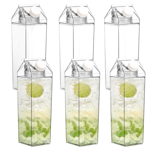 Voittozege 34 oz Clear Milk Carton Water Bottle, 6 Pcs Plastic Milk Bottles Portable Square Milk Box Bulk, Reusable Milk Carton Container Juice Bottle for Outdoor Sports Travel Drinking