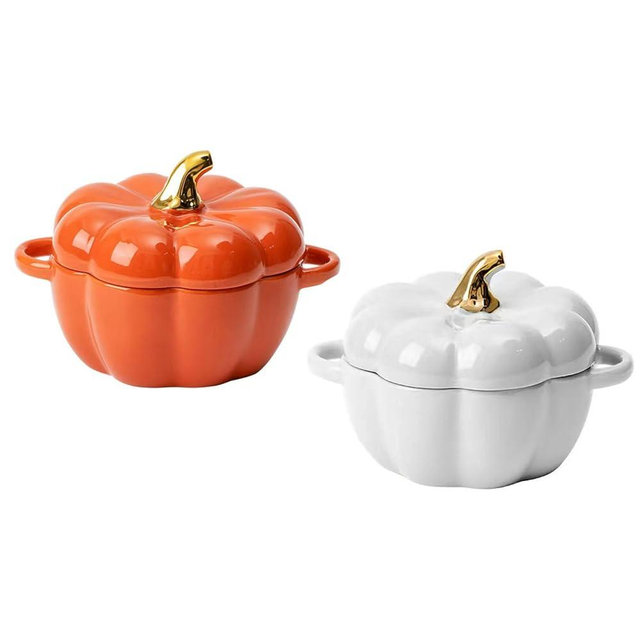 Pumpkin Bowl Set with Lid and Handle, Set of 2 Ceramic Ramekins for Baking, Casserole Dish Individual Severing Pot, Stoneware, Oven Safe, 14 Oz (Orange and White)
