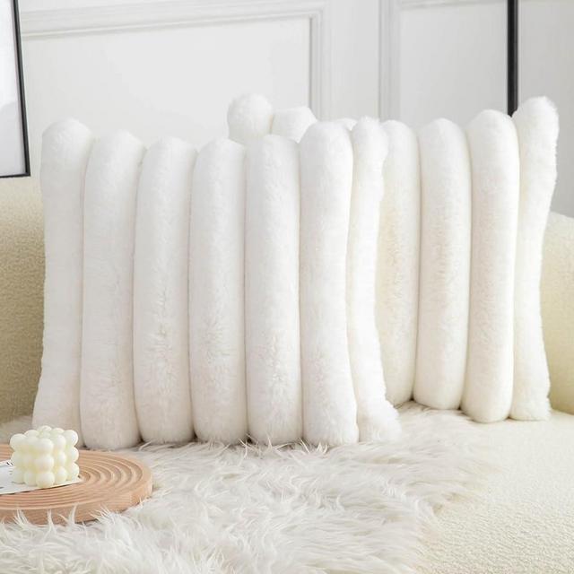 Neelvin Cream White Faux Fur Cozy Soft Striped Decorative Throw Pillow Covers 22x22 inch Set of 2,Velvet Pillowcase Cushion Case for Sofa Couch