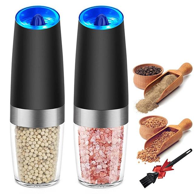1/2pcs Gravity Electric Pepper And Salt Grinder Set, Adjustable Coarseness,  Battery Powered With LED Light, One Hand Automatic Operation, Stainless  Steel Black 7.8inch/2inch