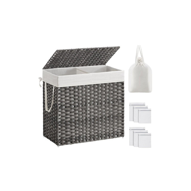 SONGMICS 130L Clothes Hamper with Lid, Double Laundry Basket for Bathroom, 13 x 26 x 23.6 Inches, Gray