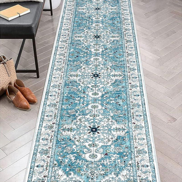 U'Artlines 2' x 10' Boho Hallway Runner Rug, Non Slip Washable Vintage Farmhouse Accent Area Rug Carpet for Kitchen Entryway Laundry and Living Room Teal