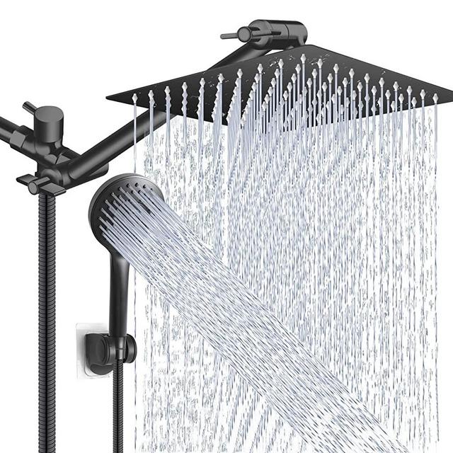 Shower Head Combo,10 Inch High Pressure Rain Shower Head with 11 Inch Adjustable Extension Arm and 5 Settings Handheld Shower Head Combo,Powerful Shower Spray Against Low Pressure Water - Matte Black