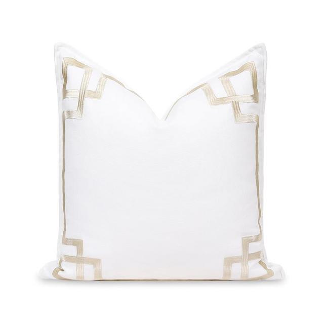 Hofdeco Premium Coastal Patio Indoor Outdoor Throw Pillow Cover Only, 20"x20" Water Repellent for Backyard, Couch, Neutral Tan Embroidered Frame Greek Key