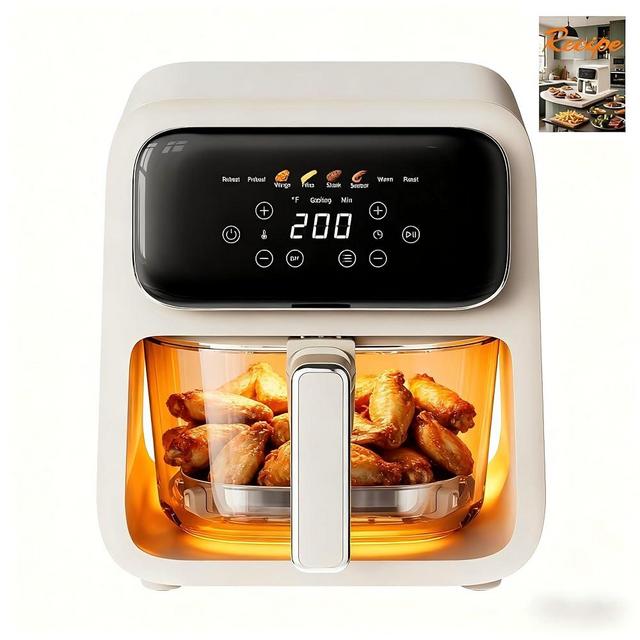 4.2QT Glass Air Fryer,8-in-1 Presets, 6mm Glass Fry Bowl, Transparent Viewing prevent from overcooking, 75% Less Oil, Dishwasher Safe, Temperature Control up to 400 °F, Ivory
