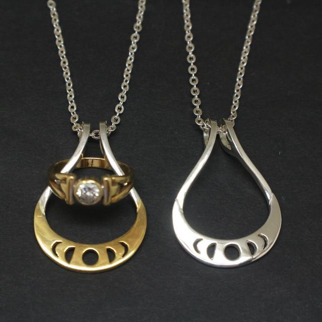 Silver Moon Phases Ring Holder Necklace - Crescent Moon, Wedding and Engagement Ring Keeper Necklace, Gift for Wife, Women, Mother, Daughter