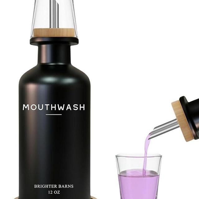 Black Glass Mouthwash Dispenser for Bathroom by Brighter Barns - Mouth Wash Dispensers for Bathroom Sink- Boho Mouthwash Container - Modern Bathroom Decor for Airbnb, Gym, Dental Office, Gift (Black)