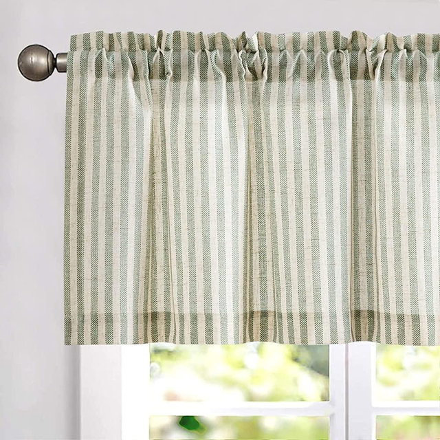Vangao Kitchen Valance Linen Stripe Short Curtain Farmhouse Country Rustic Pinstripe Tickingstripe Light Filtering Rod Pocket Window Topper Treatment 16 Inch 1 Panel Green on Beige