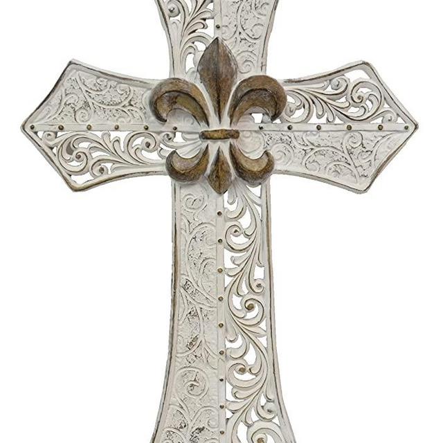 BestGiftEver FDL Fleur De Lis White Distress Hollowed Scrolls Wall Cross 13.7"