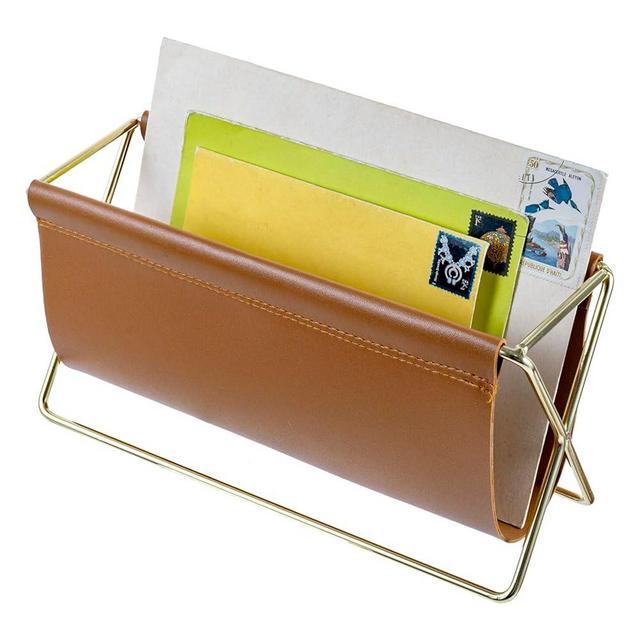 MyGift 10 Inch Mid Century Caramel Leatherette Mail Sorter Letter Holder Rack with Brass Tone Metal Frame, Faux Leather Sling Style Office Desk Card Envelope Organizer Stand