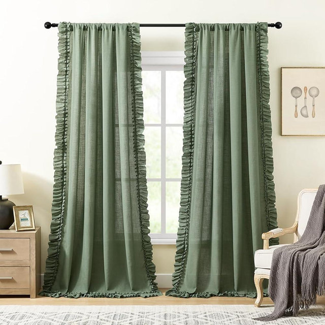 Dark Sage Green Ruffle Curtains 96 Inch Length, 2 Panels, W58xL96 In, Linen Textured Boho Farmhouse Flowy Curtains for Living Room Rod Pocket Privacy Light Filtering Semi-Sheer Scalloped Linen Curtain