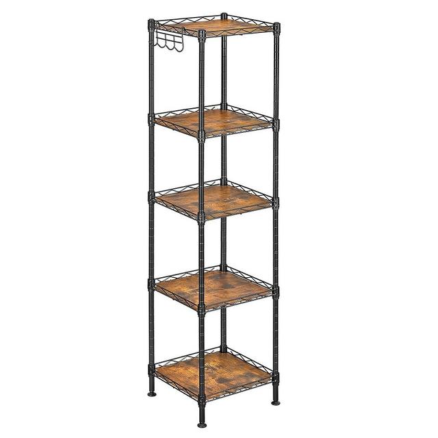 SONGMICS 5-Tier Bathroom Shelf, Storage Rack for Small Space, with 5 PP Shelf Liners, Removable Hook, Extendable Design, Ink Black and Rustic Brown ULGR023B02