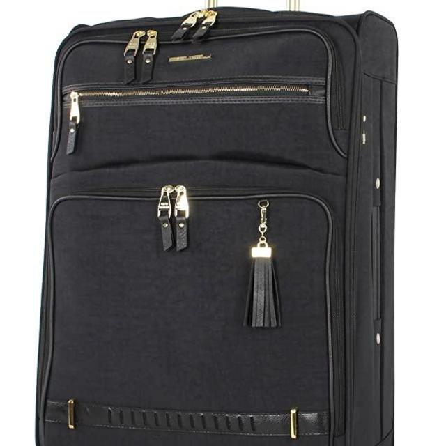 Steve Madden Designer Luggage - Checked Large 28 Inch Softside Suitcase - Expandable for Extra Packing Capacity - Lightweight Bag with Rolling Spinner Wheels (Peek-A-Boo Black)