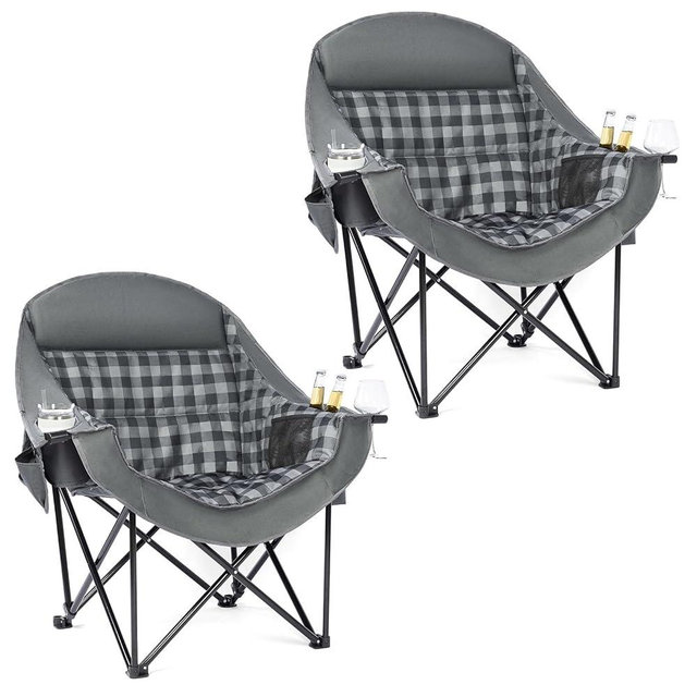 Oversized Camping Chair for Adults - Heavy Duty Outdoor Padded Large Lawn Camp Chair with Cup Holder Cooler Pockets for Sports Beach Fishing Garden Portable Supports 500lbs, Grey 2 Pack