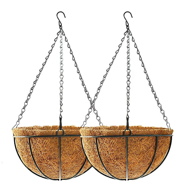 TOOCMEUK Hanging Plant Basket Flower Holder (2pack, 14 inch)-Metal Wire Round Hanging Basket Planter with Coco Fiber Liners for Plants Flower Pots Indoor Outdoor Garden Porch and Balcony Decor