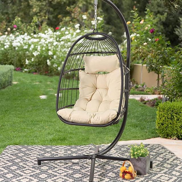 Avenlur Outdoor Patio Hanging Chair - Hammock Swing Egg Chair with Stand, Indoor/Outdoor Hanging Chair for Patio Bedroom Balcony (Beige)