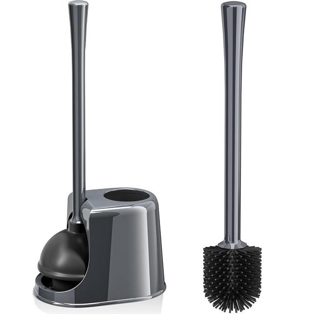 Toilet Plunger and Brush Set, Silicone Toilet Brush and Plunger with Ventilated Holder, 2-in-1 Bathroom Cleaning Combo with Caddy Stand(Grey)