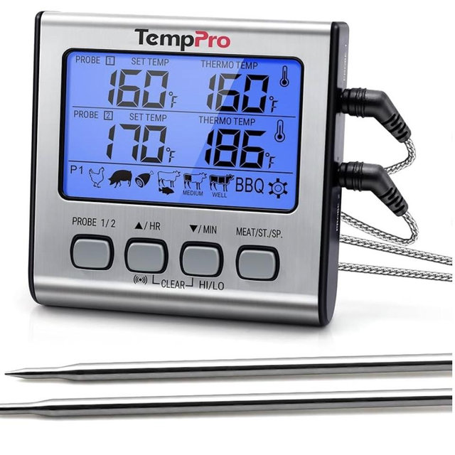 TempPro TP17 Dual Probe Digital Cooking Meat Thermometer Large LCD Backlight Food Grill Thermometer with Timer Mode for Smoker Kitchen Oven BBQ, Silver (Previously ThermoPro)
