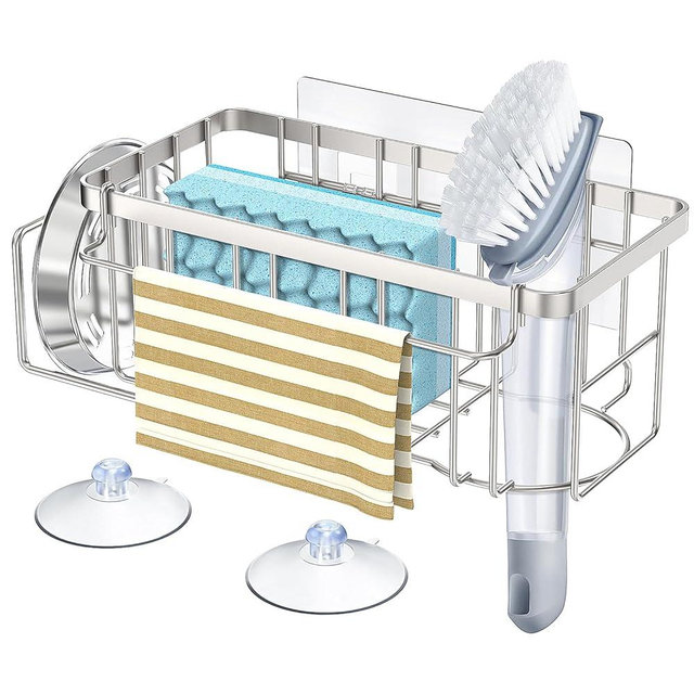 StorageRight 4-in-1 Sponge Holder for Kitchen Sink, Kitchen Organizers and Storage with Adhesive Hook & Suction Cups, Rustproof Sink Caddy for Kitchen Decor, Kitchen Sink Organizer - Silver