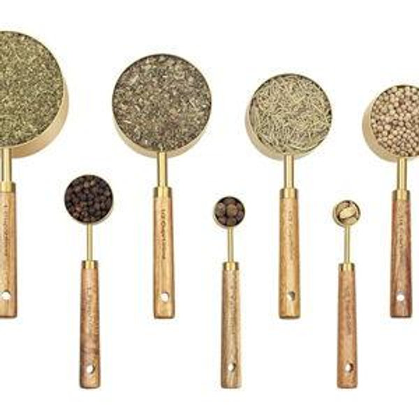 Measuring Cups and Spoons Set of 8, Golden Stainless Steel Measuring Cup with Wooden Handle, Kitchen/Food/Liquid/Baking (gold)