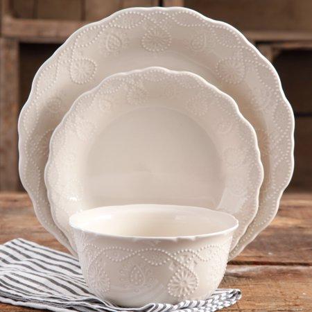 The Pioneer Woman Cowgirl Lace 12-Piece Dinnerware Set, Linen