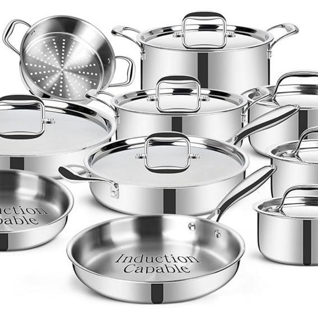 EWFEN Stainless Steel Cookware Set, 3 Ply 17 Piece Stainless Steel Pot and Pan Set, Oven Dishwasher Safe | Induction Compatible Frying Pans, Saucepans, Saute Pan & Stock Pot, PFOA, PTFE & PFOS Free
