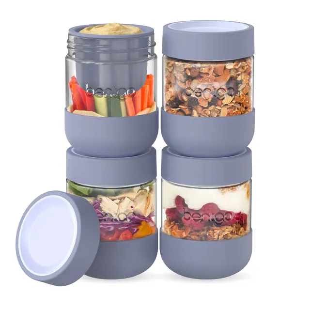 Bentgo 4pk 16oz Glass Food Jar with Silicone Base and Inner Cups Serene Blue