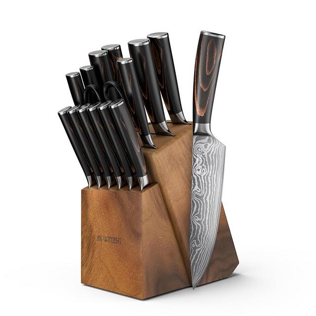 Yatoshi 15 Piece Classic Knife Block Set - Pro Kitchen Knife Set Ultra Sharp High Carbon Stainless Steel with Ergonomic Handle