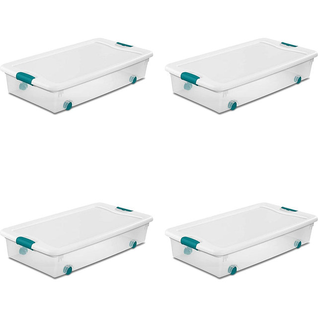 Sterilite 56 Quart Latching Stackable Underbed Bedroom Closet Wheeled Storage Box Container Bin with Recessed Lid, Clear