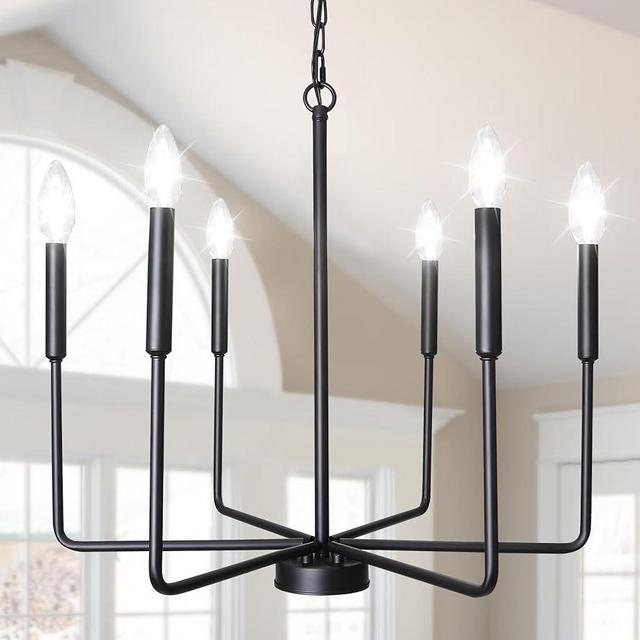 AMZASA Black Farmhouse Chandeliers for Dining Room 6 Light Modern Industrial Candle Kitchen Chandelier Pendant Hanging Light Fixtures for Living Room Bedroom Entryway Foyer UL Listed