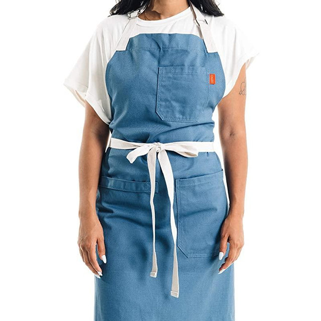 Caldo Daily Cotton Kitchen Apron for Cooking - Mens and Womens Professional Chef or Server Bib Apron - Adjustable Straps with Pockets and Towel Loop (Vintage Blue)