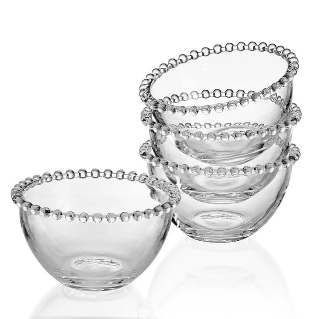 Fitz and Floyd Beaded Glass Prep, Dip, Dessert, Fruit, Candy Bowls, Set of 4, 5.25 inch, Clear