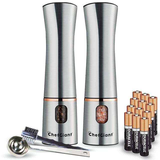ChefGiant Electric Salt and Pepper Grinder Set - Rose Gold Stainless Steel One Hand Operated Adjustable Coarseness Mill with LED Light, Batteries, Measuring Spoon Brush