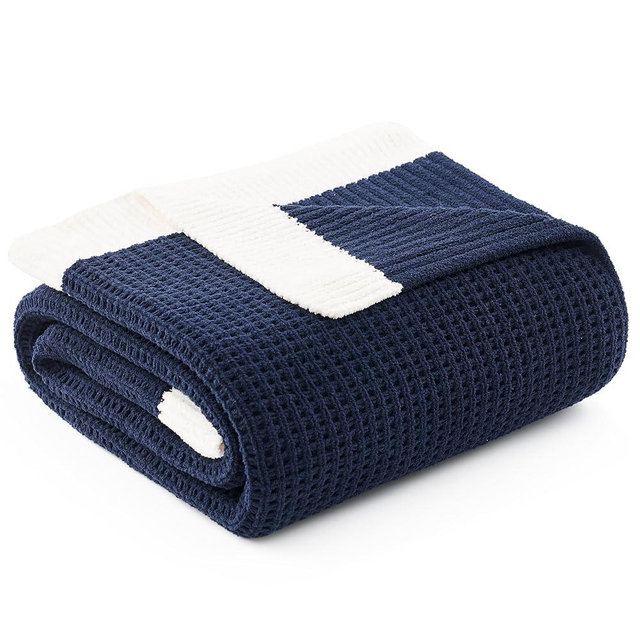 Amélie Home Chenille Waffle Throw Blanket for Couch, Reversible Soft Cozy Knit Blanket Lightweight Warm Decorative Throw for Sofa, Bed, Living Room,Navy Blue,50 x 60 inch