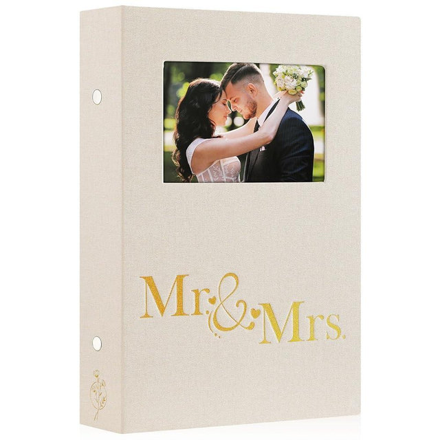 Lanpn Wedding Photo Album 4x6 300 Pocket Photos Slip in, Linen Cover Large Capacity Newlywed Marriage Window Album Hold 300 Horizontal Photos (Mr & Mrs, Beige)