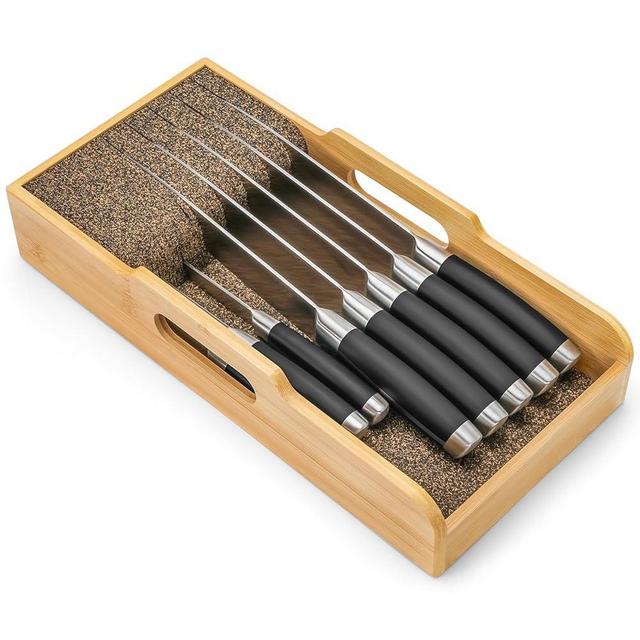 Mospten Bamboo Knife Organizer Drawer Insert – Kitchen Knife Storage Block for Drawer, In-Drawer Knife Holder, Flexible Dividers Design for Knives Organization