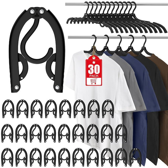 30 Pcs Travel Hangers Portable Foldable Travel Hanger Organizer, Plastic Travel Accessories Essentials Clothes Drying Rack Folding Hangers for Traveling Camping Flying RV Cruises Suitcase, Black
