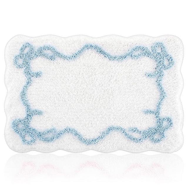 Tinideya Bow Bathmat Rug with Scalloped Wavy Ripple Design, Microfiber Absorbent Non Slip Tufted Rug Aesthetic Coquette Room Decor for Floor, Shower or Kitchen(Blue)