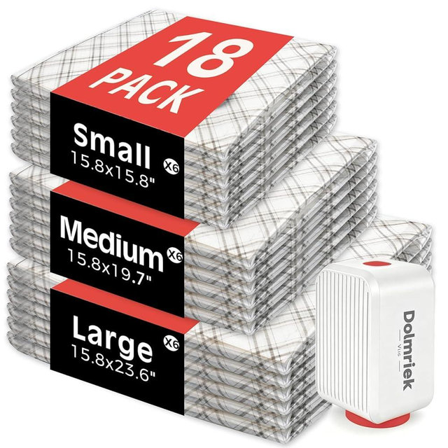 Dolmriek Travel Vacuum Storage Bags with USB Electric Pump, 18 Pack Compression Seal Bags for Luggage and Suitcase, Space Saver for Clothes and Clothing