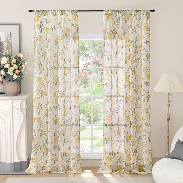 Lajode French Country Farmhouse Sheer Curtains for Living Room, Botanical Yellow Floral Patterned Light Filtering Semi Sheer Linen Rustic Cottage Curtains 84 Inch Length 2 Panels, Each 52 Inch Wide