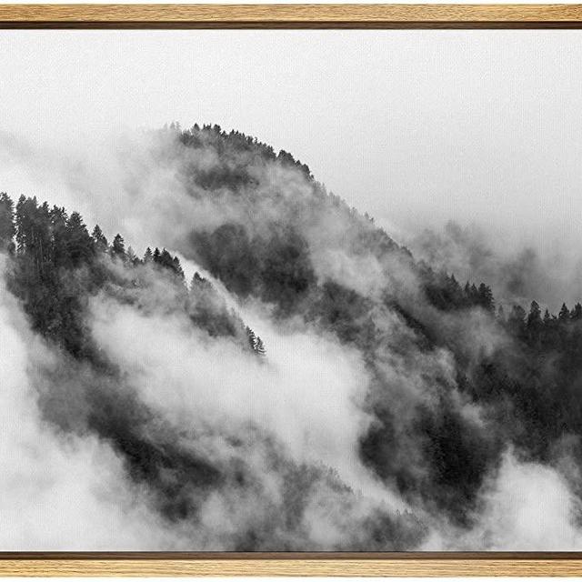 SIGNWIN Framed Canvas Wall Art Foggy Forest on The Hillside Nature Wilderness Photography Minimalism Modern Scenic Dramatic Black and White for Living Room, Bedroom, Office - 16"x24" NATURAL