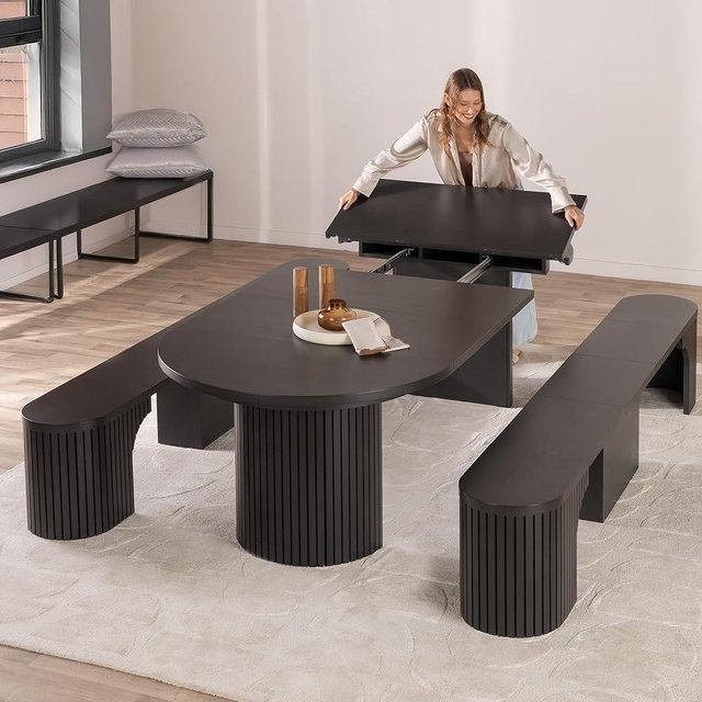 Transformer Table - Solid Wood Extendable Round Dining Table with 2 Benches, Seats 4-10, Expandable Round Dining Set, Dining Table Set for 10, Black (Table + 2 Benches)